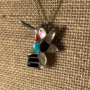 Zuni Hummingbird colibri mother of Pearl turquoise sterling silver penda…